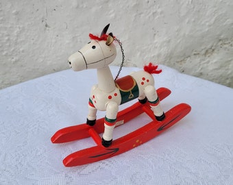 White Wooden Rocking Horse, Hand-Painted, Christmas Decoration, Holiday Décor