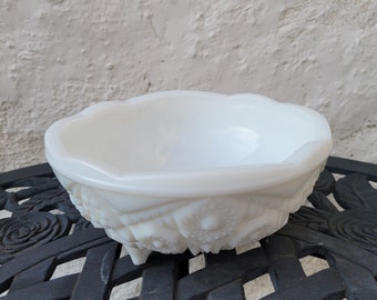 Milk Glass Footed Bowl, McKee Toltec Pattern, Vintage Candy Dish