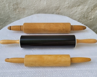 2 Vintage Wooden Rolling Pins and 1 Metal over Plastic with wooden Handles, French Country Farmhouse Kitchen, Mid-Century Rustic Decor