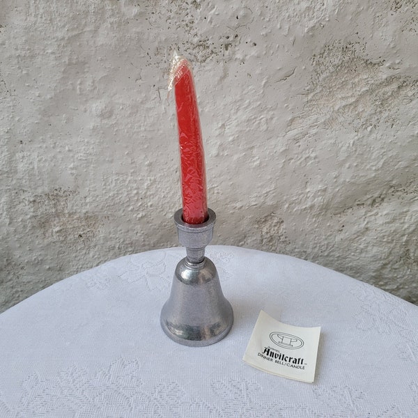 Amway Anvilcraft Dinner Bell Candle Holder, Pewter Like Finish Candlestick Holder, Red Candle, Vintage Hand Bell