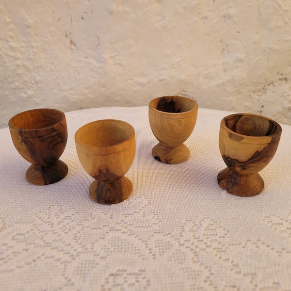 Miniature Wooden Egg Holder Cups, Set of 4, Vintage Carved Wooden Egg Cups, Quail Egg Holder