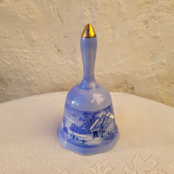 The Old Homestead in Winter Porcelain Hand Bell, A Price Import Japan, Currier & Ives, Blue, White, Gold