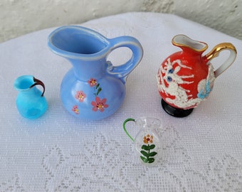 CHOICE of Miniature Pitchers, Hand Blown Glass Dollhouse Pitcher, Blue Pottery Pitcher USA, Japanese Red Ceramic Pitcher with Dragon