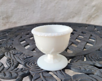 Small Milk Glass Footed Pedestal Planter Bud Vase, Cordial Goblet, Candy Dish, Leaves Pattern, 2 5/8" tall