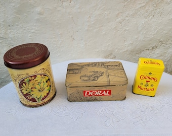 CHOICE of Tins, Colman's Mustard Powder, Brown with Yellow Daffodil Flowers Canister, Doral Tobaccoville NC
