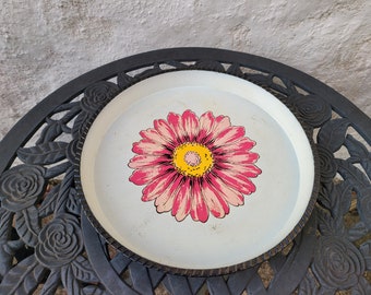 Vintage Plastic Round Serving Tray with Pink Daisy Floral Design, Mid-century, Black, White, Pink, Yellow