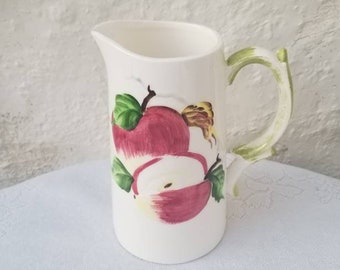 Lefton Porcelain Pitcher with Red Apple Design, Apple Slices, Fruit, Green Handle, Tall Pitcher, Vintage Carafe