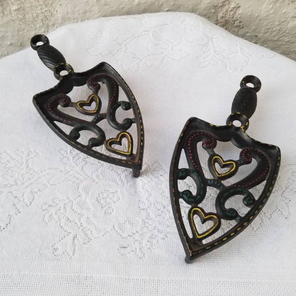 Pair of Folk Art Metal Trivets, Vintage Hotplates, Heart and Swirl Design, Red, Yellow, Green, Black