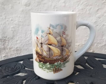 Bavaria Schumann Arzberg Germany Golden Crown E&R Ceramic Mug with Ship on Ocean, Large Porcelain Coffee Mug