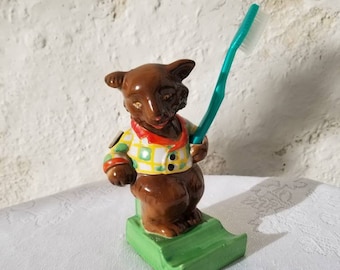 Goldcastle Japan Porcelain Figural Bear Toothbrush Holder, Vintage Child's Toothbrush & Toothpaste Rest, Nursery Rhyme Bear Figurine