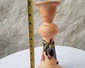 Tall Ceramic Candle Holder, French Country Taper Holder, Peach/Orange Terracotta Color, Grapes on Vine Design, Pottery