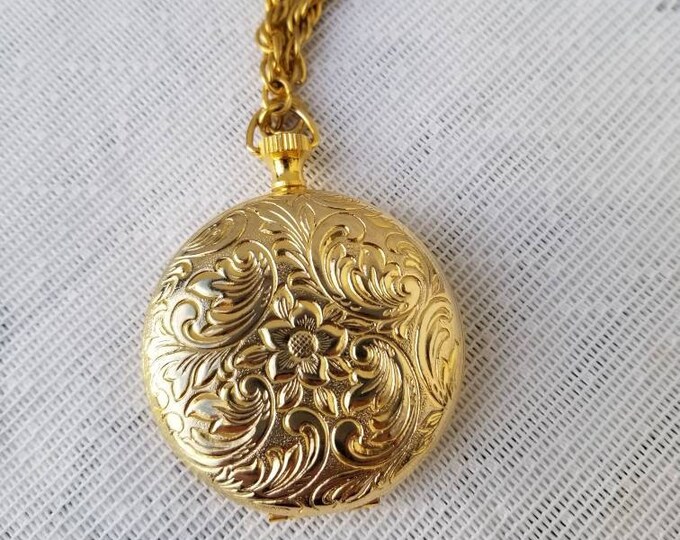 Brass Pocket Watch Locket With Mirror, Floral Design, Gold Tone Chain