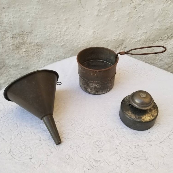 Vintage Metal One & Two Cup Hand Sifter, Tart Master Pastry Maker, and a Metal Funnel, CHOICE LOT