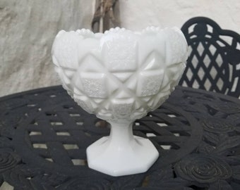 Westmoreland Milk Glass Compote Candy Dish, Old Quilt Pattern, Footed Pedestal Cupped Bowl, Pressed Glass, Ruffled Rim, Item #1