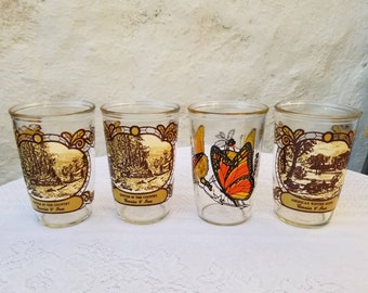 Currier & Ives Collectible Drinking Glass, American Winter Scene, Winter in the Country, Butterfly, 4 Sour Cream Glasses, 1979 Kraft Inc