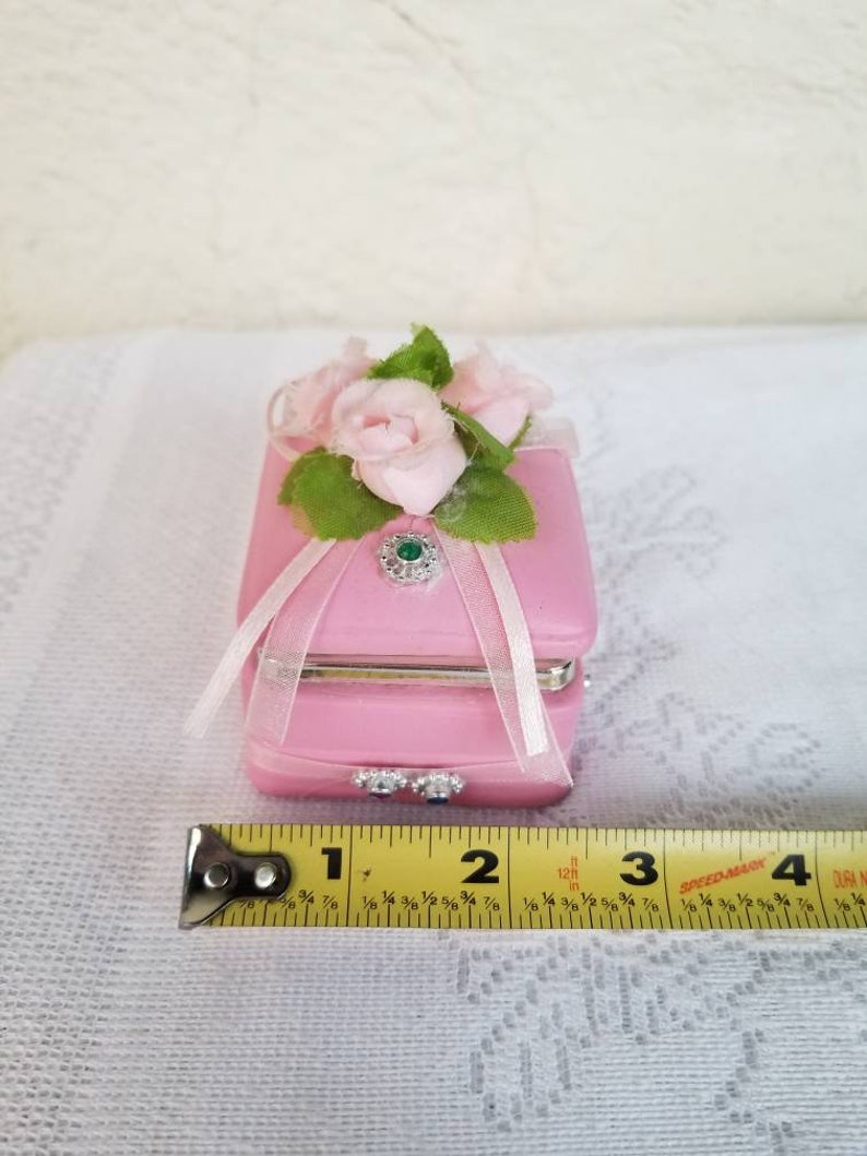 Vanity Decor Ring Box Treasure Jewelry Box Ceramic Square Pink Trinket Box Silver Hinged Lid Artificial Roses and Ribbons with Jewels