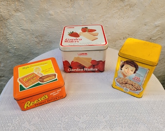 CHOICE of Tins, Toll House Cookies, Reese&#39;s Peanut Butter Cup, Strawberry Garden Wafers, Vintage Square Collectible Candy Cookie Tins