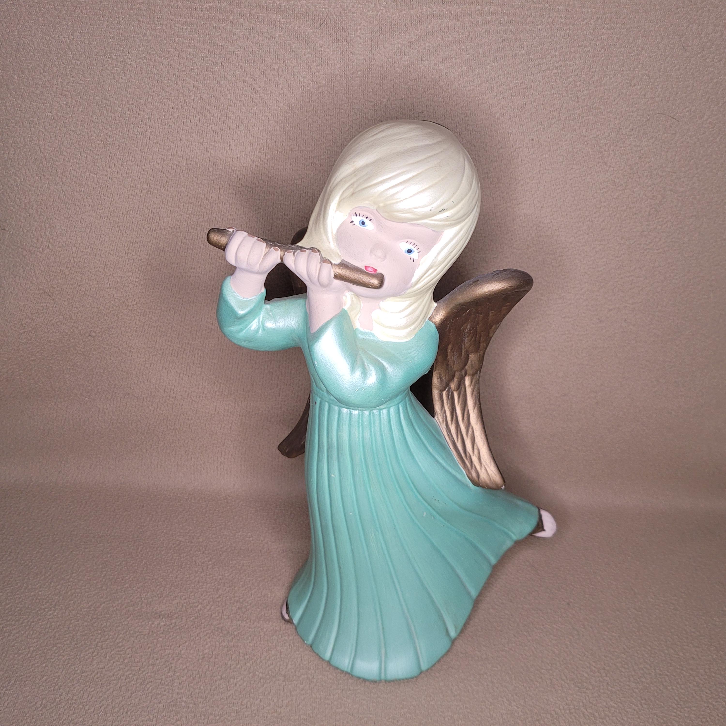 Vintage Ceramic Angel Playing Flute Figure, Gold Angel Wings