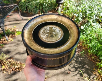 Cherub Metal Storage Tin, Black and Gold, Harp, Musical Instruments, Candy, Fruit Cake, Cookie, Vintage Round Container