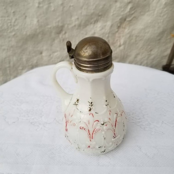 Antique Milk Glass Syrup Pitcher, Vintage Pourer, Dispenser, Jug, Silver Tone Metal Cap, Embossed Scroll Work Design, Pressed Glass Decanter