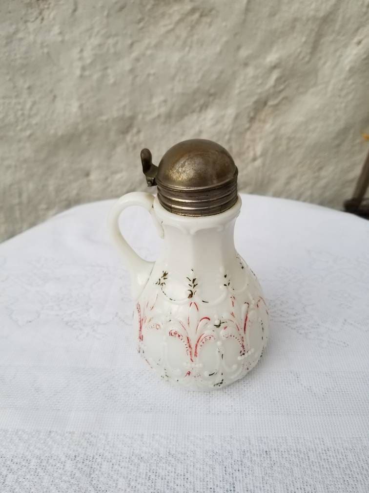 Vintage Milk Glass Syrup Pitcher with a Metal Top and Applied Handle Milk Glass Syrup Jar