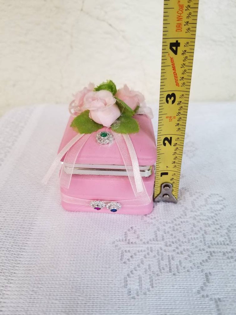 Vanity Decor Ring Box Treasure Jewelry Box Ceramic Square Pink Trinket Box Silver Hinged Lid Artificial Roses and Ribbons with Jewels