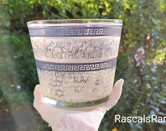 Vintage Glass Ice Bucket, Blue and White, Classical, Men with Horses