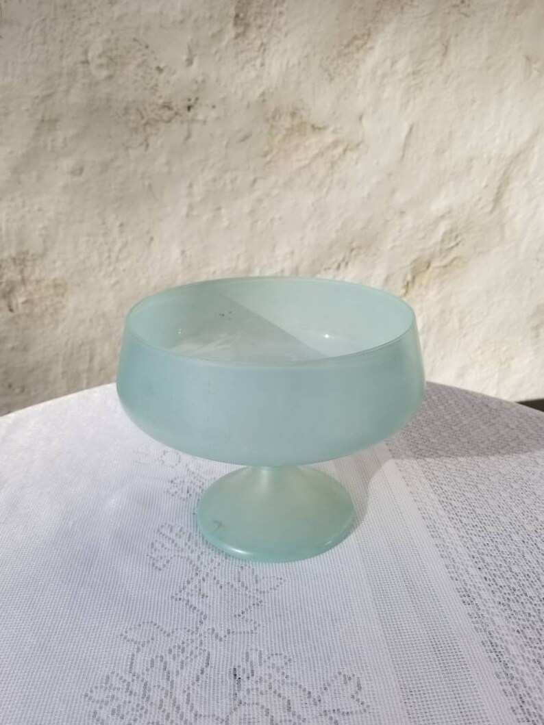 Frosted Seafoam Green Glass Footed Bowl Light Blue Satin Glass Compote Pedestal Candy Dish