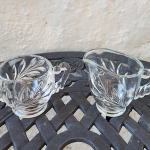 Clear Pressed Cut Glass Creamer and Double Handled Sugar Bowl, Vintage Sugar bowl and creamer set, Etched Leaf Flower Pattern