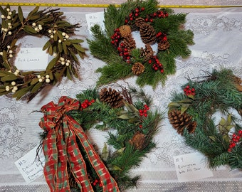 Choice of Artificial Christmas Wreaths, Vintage Evergreen Wreath, Pine, Pinecones, Twigs, Grapevine, Red Berries, Winter Outdoor, Front Door
