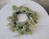 Farmhouse Wreath, Small Fuzzy Felt Green Leaf Wreath, Spring Wreath, Faux Greenery, Felt Leaves, Artificial White Baby&#39;s Breath