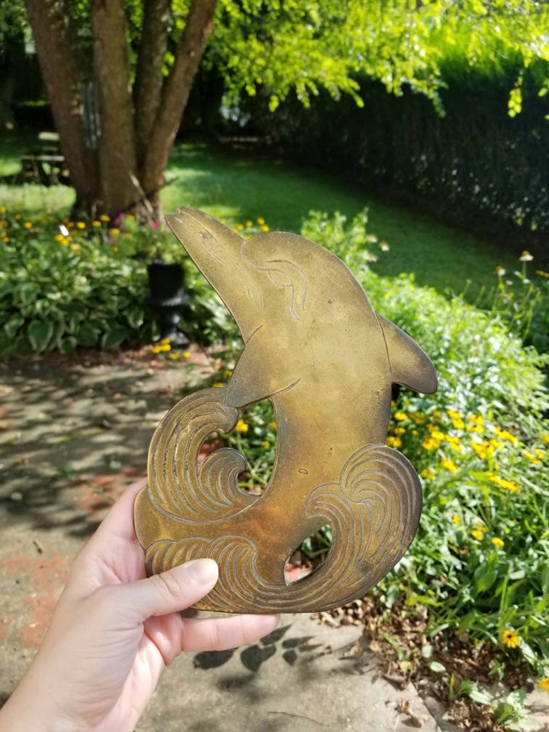 Jumping Dolphin in Water Ocean Waves Porpoising Brass Dolphin Trivet 4 prong feet Vintage Hot Plate