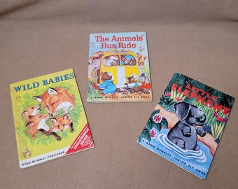 Vintage lot of 3 Children's Books, Rand McNally Junior Elf, Little Elephant, The Animals Bus Ride, Wild Babies