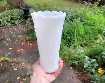 Vintage Tall White Milk Glass Flower Vase, Scalloped Rim