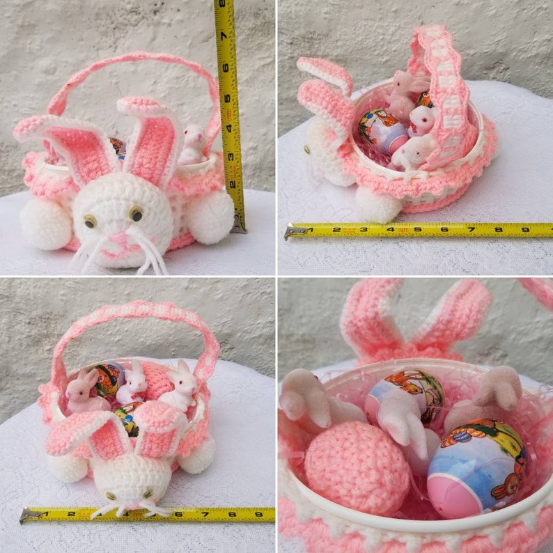 1 Pink Crochet Egg 2 Plastic Easter Eggs Vintage White and Pink Crochet Easter Bunny Basket with 3 Felt Easter Bunny Rabbit Picks Grass