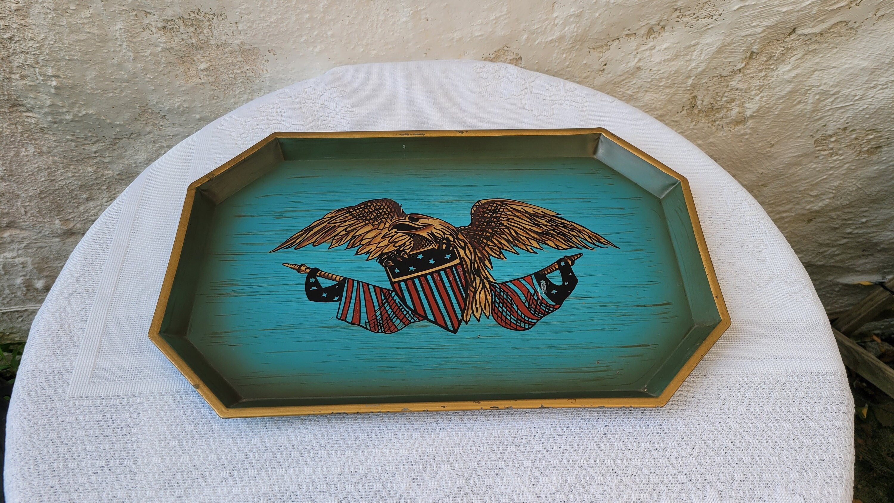 Hand-painted Metal Eagle Serving Tray, Nashco Products New York, Blue, Gold, Stars and Stripes, Flags, USA, Vintage