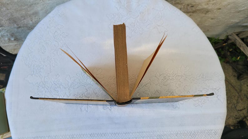 May include: A vintage hardback book with a brown spine and yellowed pages. The book is open and the pages are fanned out.