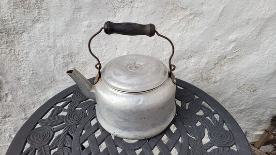 Vintage Large Pure Aluminum Tea Kettle Antique Tea Pot With Metal Wood Handle Etsy