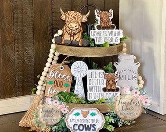 Highland Cow Tiered Tray Signs: Farmhouse Fluffy Cow Decor