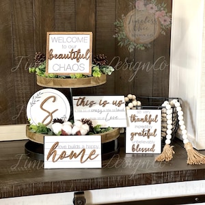Home Tiered Tray, Home Tier Tray Decor, Family Tiered Tray, Farmhouse Decor For Tiered Tray, Mini Wood Signs, 3 Tiered Tray, Simple Decor