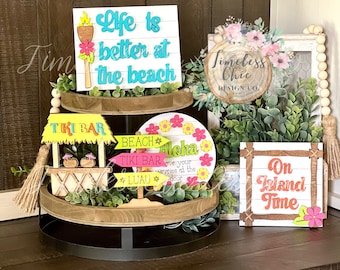 Summer Tiered Tray Signs, Beach & Hawaiian Decor, Tiki Decor, Beach Decorations