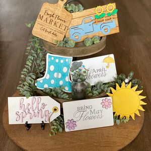 Spring Tiered Tray, Spring Tiered Tray Decor, Mini Wood Signs, Spring Tiered Tray Signs, Spring Sign, April Showers May Flowers, Tiered Tray