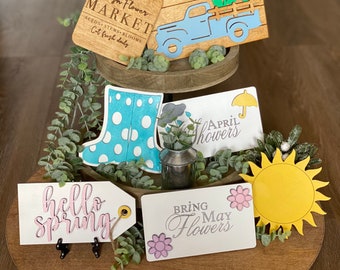 Spring Tiered Tray, Spring Tiered Tray Decor, Mini Wood Signs, Spring Tiered Tray Signs, Spring Sign, April Showers May Flowers, Tiered Tray