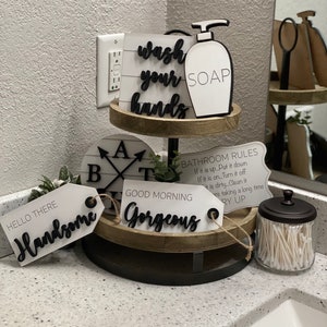 Bathroom Tiered Tray Signs: Black & White Decor Set