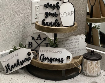 Bathroom Tiered Tray Signs: Black & White Decor Set