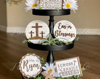 Easter Tiered Tray, Easter Tier Tray, Easter Decor, He Is Risen, Religious Easter Decor, Tier Tray Decor, Mini Wood Signs, 3D Signs, Easter
