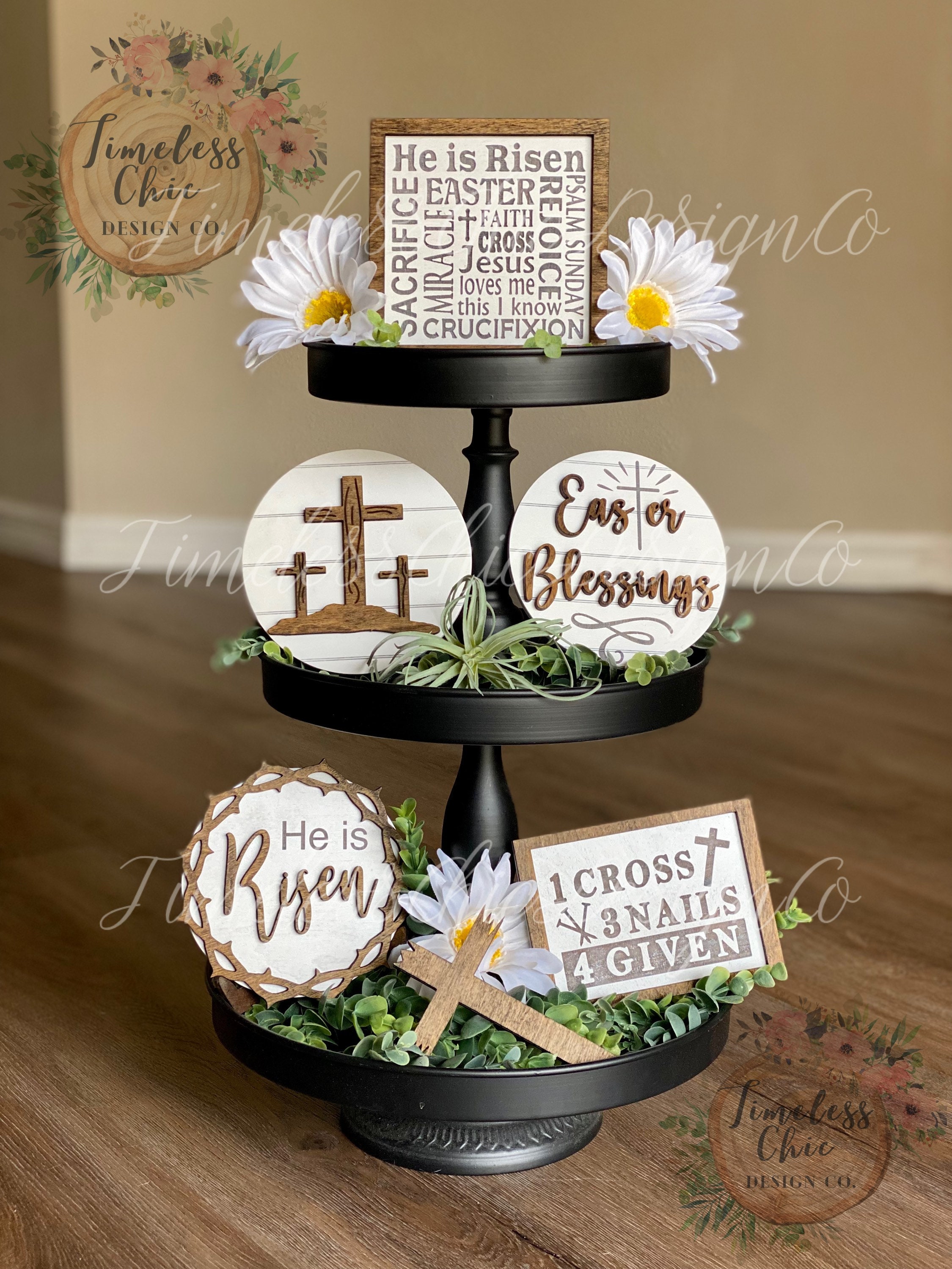Easter Tiered Tray, Easter Tier Tray, Easter Decor, He Is Risen, Religious Easter Decor, Tier Tray Decor, Mini Wood Signs, 3D Signs, Easter
