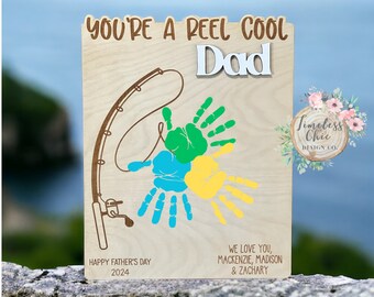 Fathers Day Gift, Personalized Fishing Handprint Sign, Father's Day DIY Gift, Gift for Dad, Gift from kids, gift for grandfather