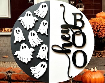 Halloween door sign, Ghost door hanger, 3D door sign, Hey boo door hanger, Home decor, Sign for front door, Shiplap door hanger