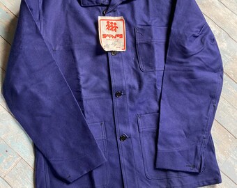 Indigo workwear shirt, french vintage French New Old Stock chore coat, 80s deep Indigo Blue vintage workwear, deadstock painter jacket